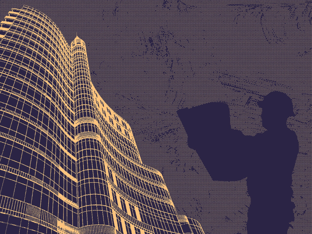 engenheiro com mapa de edifício defronte ao edifício envidraçado, projeção estilizada