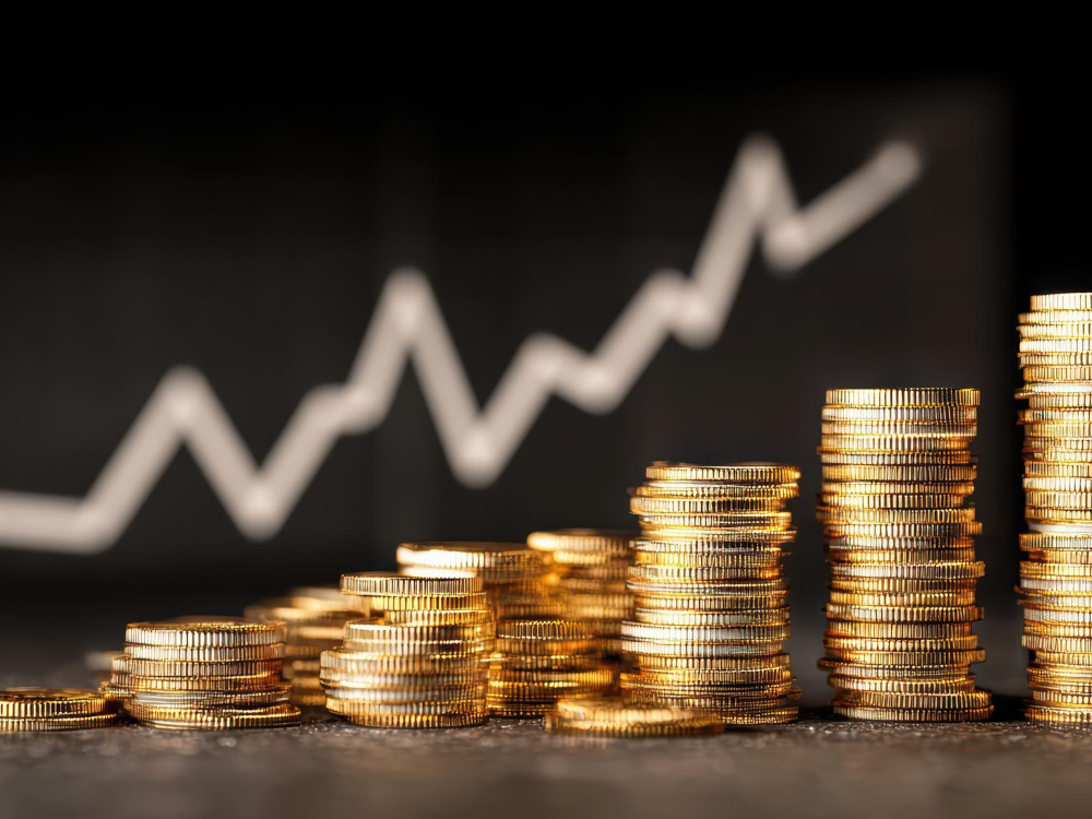 montes de moedas em crescendo e gráfico com altos e baixos